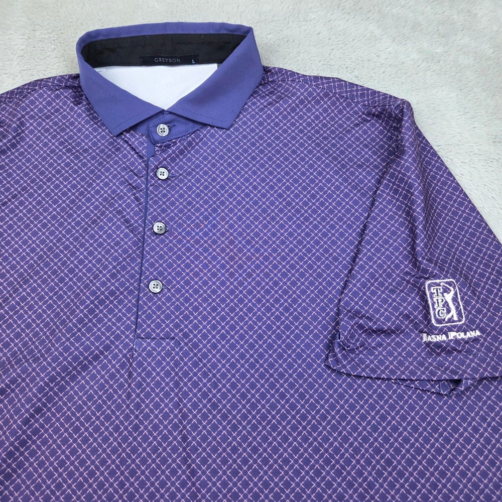 Greyson Polo Shirt Mens L TPC Jasna Polana Geometric Diamond Grid Pattern Purple